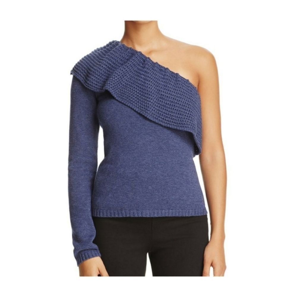 Ella Moss Loli Blue One Shoulder Cotton Silk Ruffle Knit Sweater Large NWT
